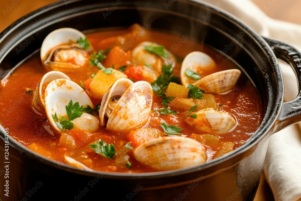 Steaming pot of Manhattan clam chowder overflowing with rich red broth and seafood goodness. The hearty tomato-based soup is a flavorful blend of fresh ingredients perfect for cozy meals. Steaming pot of Manhattan clam chowder overflowing with rich red broth and seafood goodness. The hearty tomato-based soup is a flavorful blend of fresh ingredients perfect for cozy meals.
