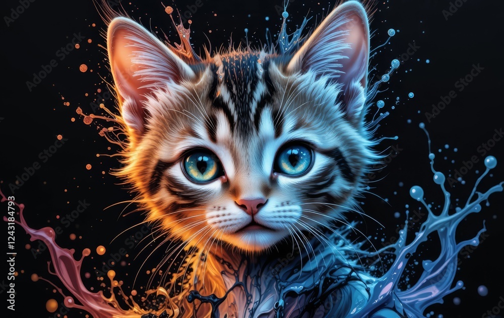 Fototapeta A close-up of a kitten's face with vibrant, detailed eyes against a black background with splashes of water and color.