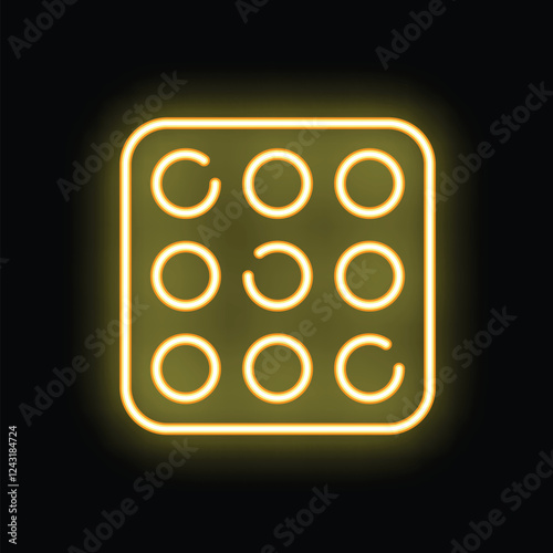 Bright glowing neon yellow illustration of a blister pack of pills, isolated on a black background, ideal for health related designs