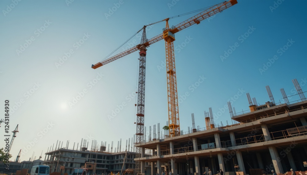 Dual cranes loom over a bustling construction site, highlighting the construction phase and the complexity of building modern structures against a clear sky. Dual cranes loom over a bustling construction site, highlighting the construction phase and the complexity of building modern structures against a clear sky.