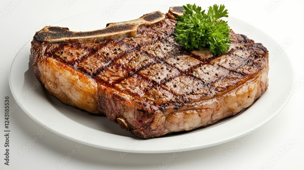 Delicious grilled beef steak served on a white plate, garnished with fresh parsley, perfect for gourmet recipes and culinary displays.