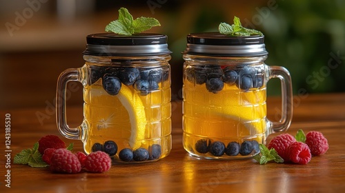 Refreshing fruit infused drinks in mason jars on wooden table with mint, raspberries, and blueberries photo