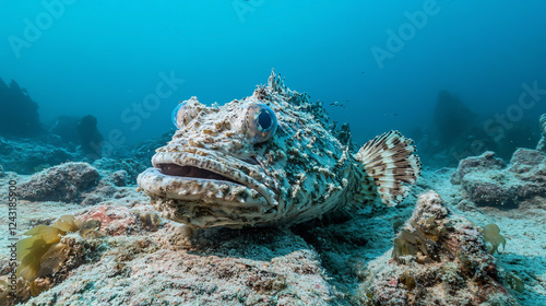A stonefish perfectly camouflaged on the rocky seabed.