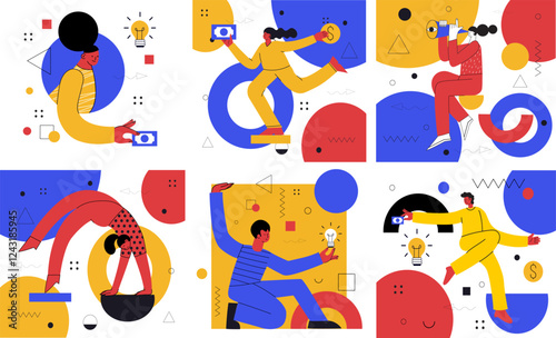 Teamwork flat vector illustrations set. Coworkers characters communication. Team building and business partnership concepts. Businessmen people and geometrical shapes cooperation, collaboration.