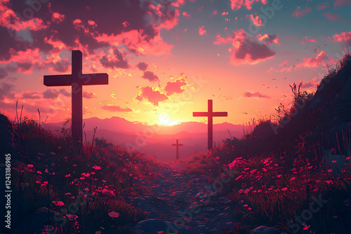 Sunset Crosses: Peaceful Path, Serene Bloom photo