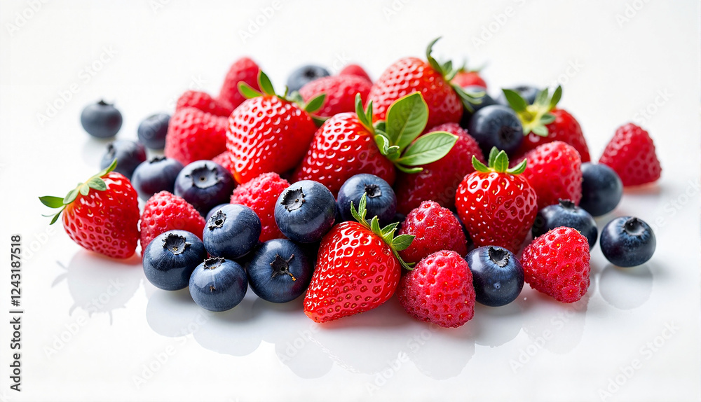 Collection of assorted fresh berries on a white background with copy space Collection of assorted fresh berries on a white background with copy space