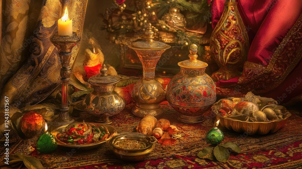 Obraz premium Candlelit Persian still life, autumnal fruit, spices, ornate vessels