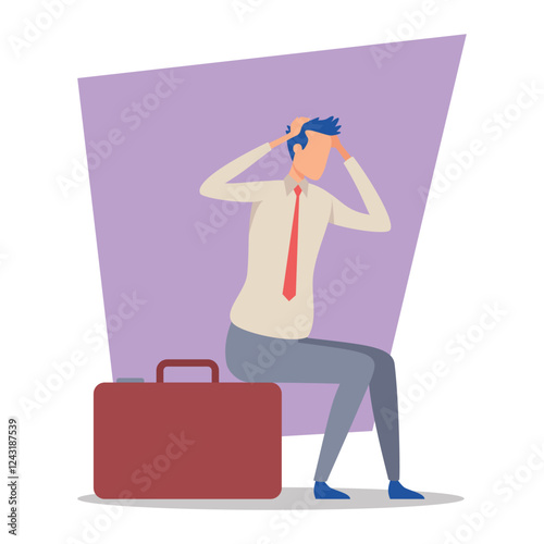 Businessperson with worried expression sitting on seat, holding head in distress, while briefcase resting beside. Challenging work situation or deadline concept