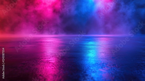 Night street full of smoke with reflection of neon lights