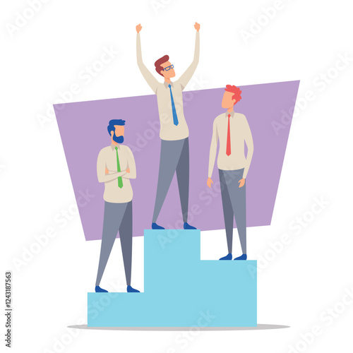 Three professionals in formal attire expressing joy in office setting. One standing triumphantly on pedestal, while others looking on with smiles, reflecting teamwork and achievement