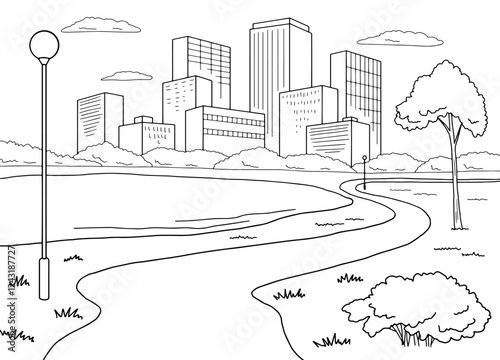 Park lake graphic black white city landscape sketch illustration vector 