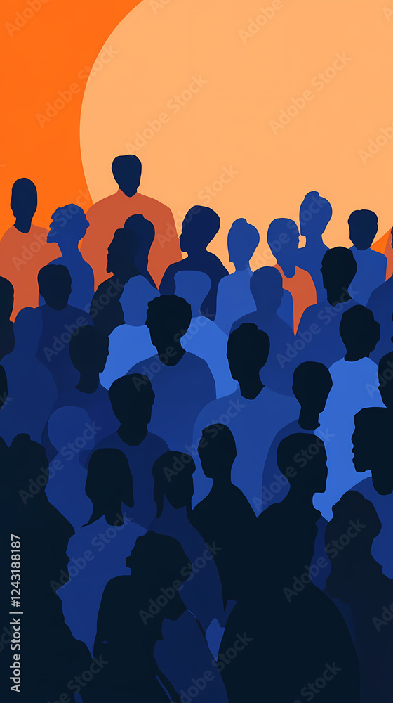 Abstract illustration of a crowd, silhouette of people in blue and orange colors Abstract illustration of a crowd, silhouette of people in blue and orange colors