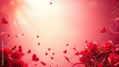 Romantic Valentine's Day Design with Roses and Hearts for Print Card Poster in Bright Red and Pink Tones with Whimsical Swirls and Light Effects