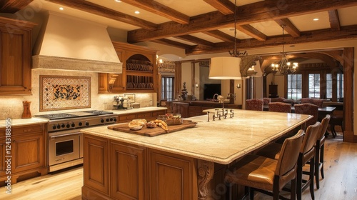 A spacious kitchen featuring wooden cabinetry, a large island, and elegant decor.
