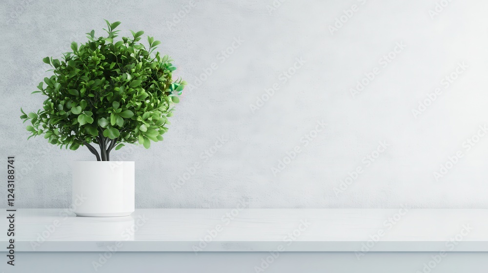 Fototapeta premium A small, lush potted plant sits on a sleek white surface against a light gray wall, adding a touch of greenery to the minimalist decor.