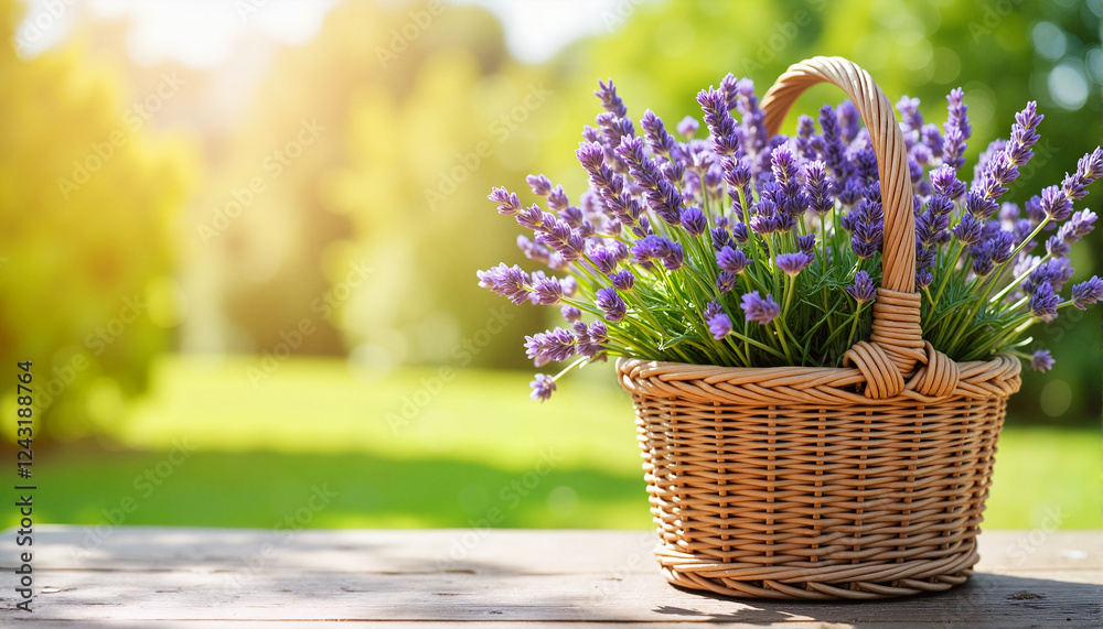 Lavender bouquet in a wicker basket on a wooden table in a sunlit garden for blogs, websites, greeting cards, floral designs, stationery, and nature-themed materials Lavender bouquet in a wicker basket on a wooden table in a sunlit garden for blogs, websites, greeting cards, floral designs, stationery, and nature-themed materials