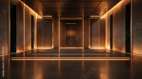 Interior of empty dark room with glowing lights