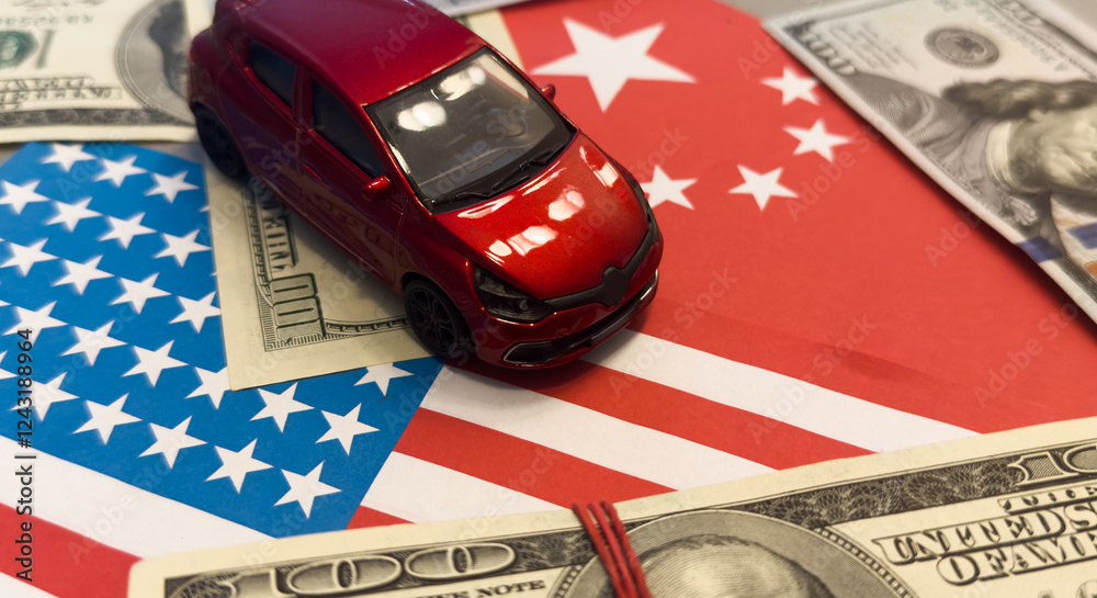 Car's keys on the dollar money and usa flag, finance purchase sale insurance concept Car's keys on the dollar money and usa flag, finance purchase sale insurance concept