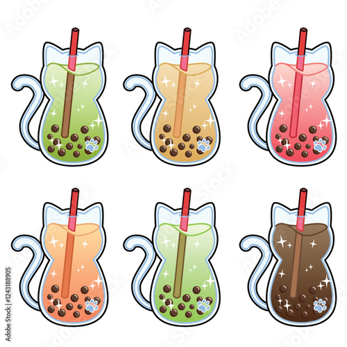 Boba tea cat collection vector