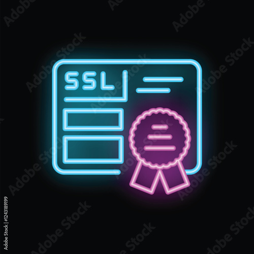 Glowing neon icon of an ssl certificate representing a secure connection on black background