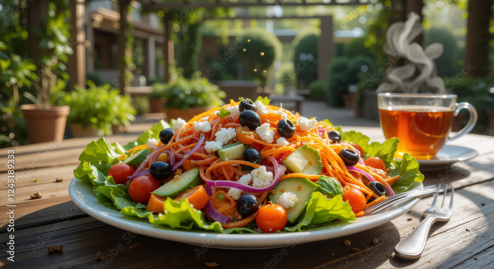 A vibrant garden salad bursting with color and freshness, artfully arranged on a white ceramic plate. Crisp romaine lettuce forms the base, topped with a rainbow of ingredients: juicy cherry tomatoes, A vibrant garden salad bursting with color and freshness, artfully arranged on a white ceramic plate. Crisp romaine lettuce forms the base, topped with a rainbow of ingredients: juicy cherry tomatoes,