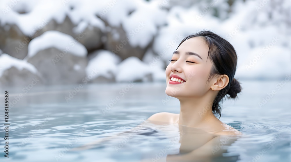 Fototapeta premium Nature's Embrace: Relaxing in a Hot Spring with Snowy Views and Sunlight