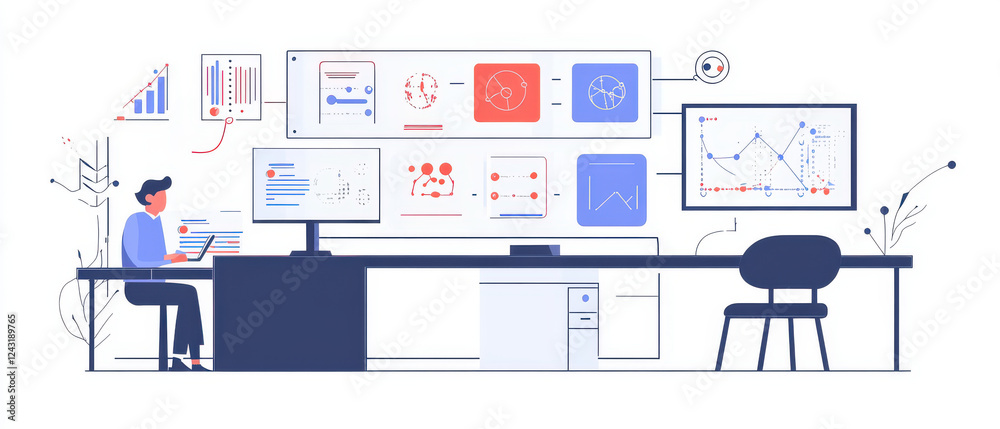person working on computer in modern office with data visualizations, graphs, and charts displayed on screens. environment is designed for data analysis and machine learning person working on computer in modern office with data visualizations, graphs, and charts displayed on screens. environment is designed for data analysis and machine learning