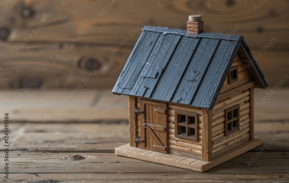 A miniature wooden house with a black metal roof on a rustic wood background A miniature wooden house with a black metal roof on a rustic wood background