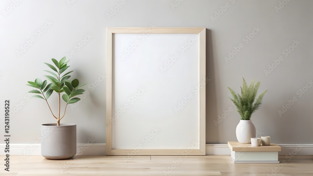 Blank Frame Mockup Minimalist Home Decor Scene with Plants and Accessories Blank Frame Mockup Minimalist Home Decor Scene with Plants and Accessories