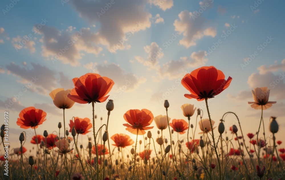 Fototapeta premium A field of red poppy flowers with a beautiful sunset sky in the background