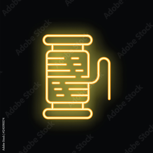 Yellow neon icon of a thread spool glowing on dark background, perfect for crafts and sewing projects