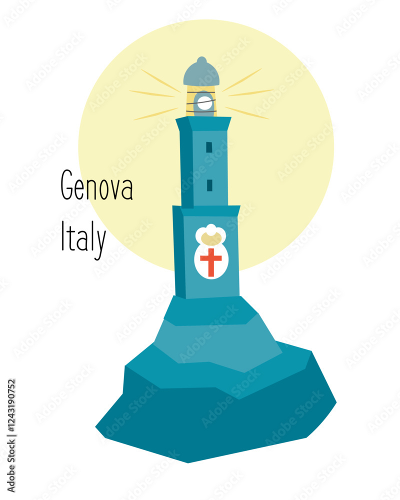 Lighthouse of Genoa, La Lanterna di Genova, sights and buildings in Liguria. Traditional Mediterranean landmark. Italy and tourism. Isolated illustration on white background. 
