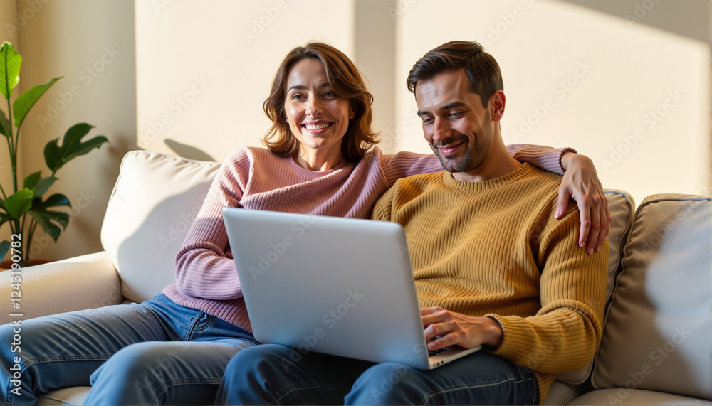 Couple smiling and enjoying time together while using a laptop on a cozy couch for blogs, websites, relationship advice, lifestyle content, and digital storytelling Couple smiling and enjoying time together while using a laptop on a cozy couch for blogs, websites, relationship advice, lifestyle content, and digital storytelling
