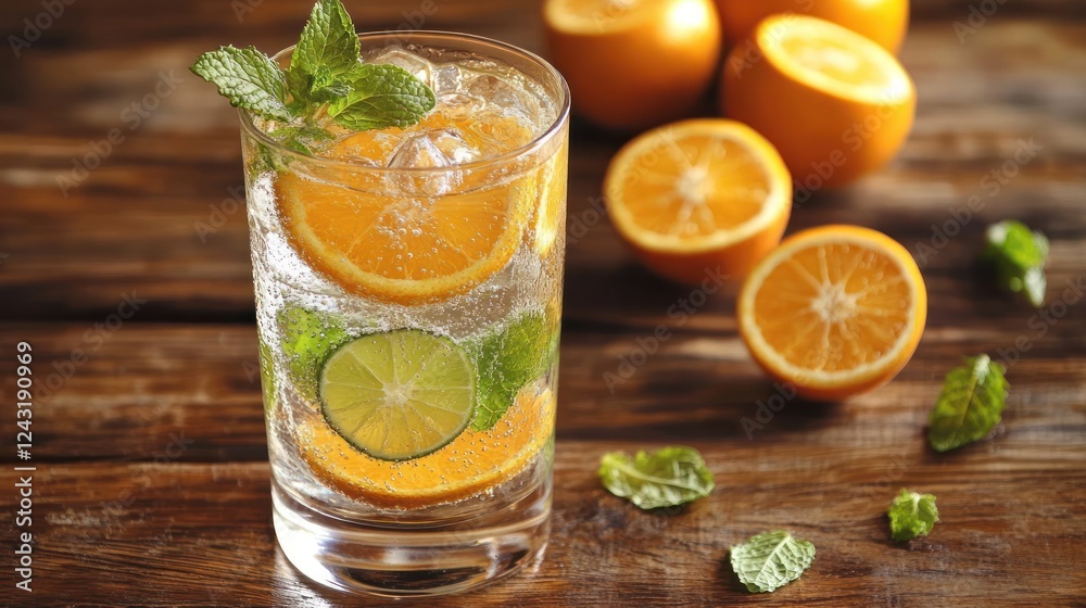 Fototapeta premium Refreshing orange and lime spritzer with mint on a wooden table
