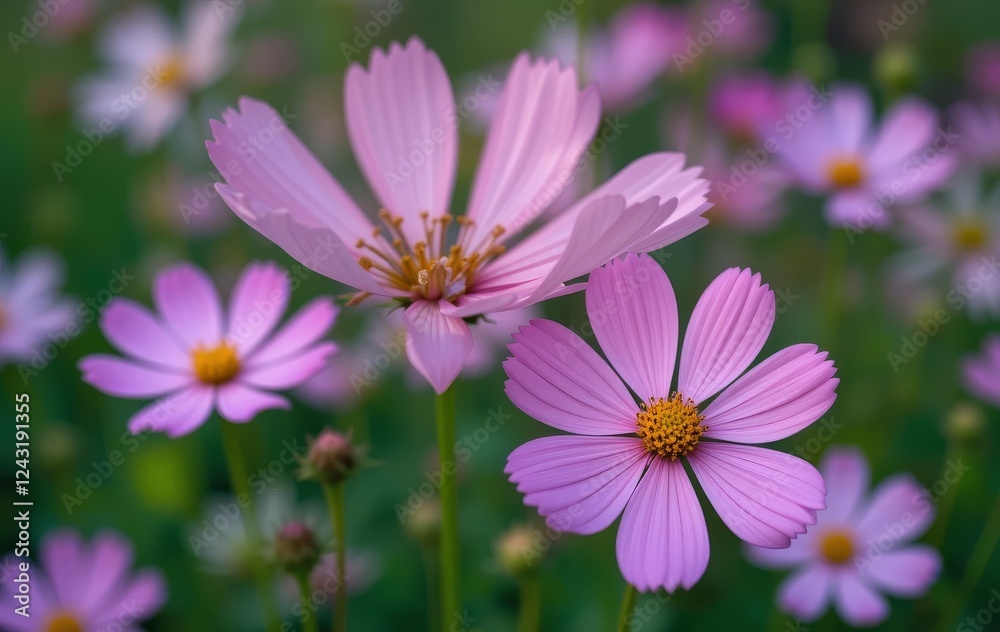 A garden filled with pink cosmos flowers in full bloom A garden filled with pink cosmos flowers in full bloom