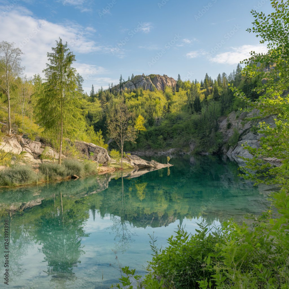 Fototapeta premium Serene Turquoise Lake Reflecting Lush Mountainside