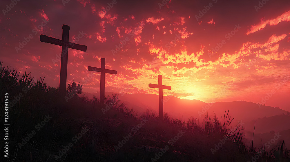 Sunset Crosses Silhouette Hilltop Scene Sunset Crosses Silhouette Hilltop Scene