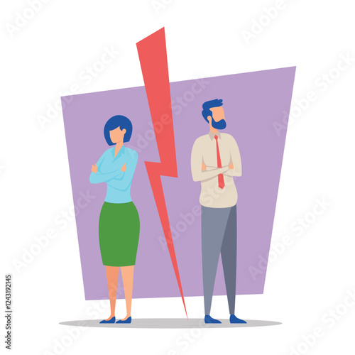 Two business professionals standing apart with crossed arms in disagreement or conflict. Resolving workplace tensions for better collaboration concept