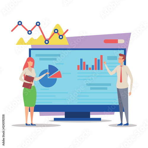 Two professionals discussing business insights while examining data on large screen with charts and graphs to illustrate key performance metrics effectively