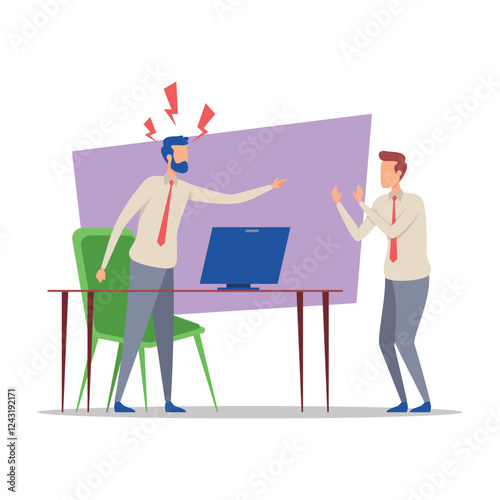 Two men in business attire engaged in disagreement at desk. Leader frustrated and gesturing, while employee trying to communicate calmly