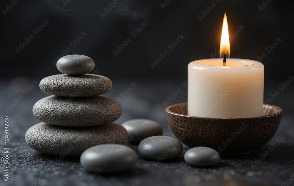 A close-up of zen stones and a lit candle on a dark background A close-up of zen stones and a lit candle on a dark background