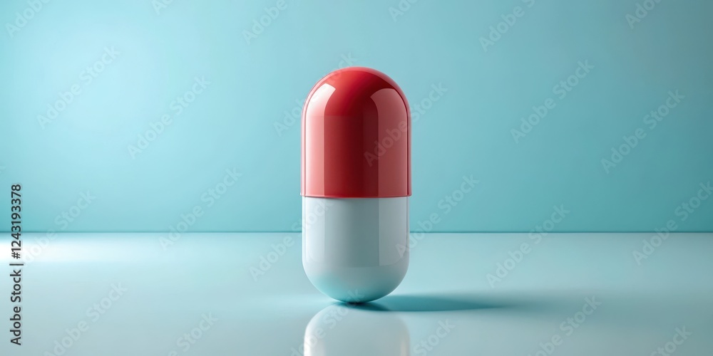 A single, vibrant red and light blue capsule rests on a pristine, pale blue surface against a backdrop of a matching, subtly textured wall. A single, vibrant red and light blue capsule rests on a pristine, pale blue surface against a backdrop of a matching, subtly textured wall.