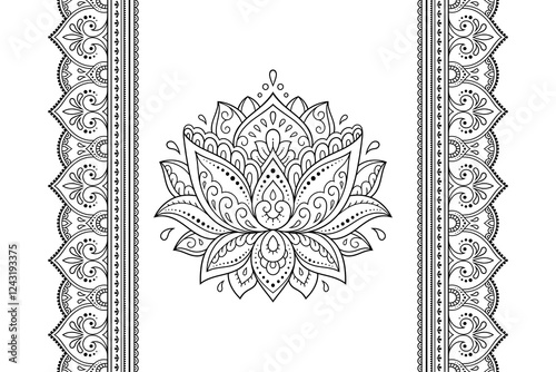 Seamless pattern of mehndi lotus flower and border for Henna drawing and tattoo. Decorative doodle ornament in ethnic oriental, Indian style. Outline hand draw vector illustration.