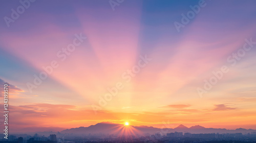 vibrant sunrise illuminates city skyline with warm hues, creating serene and inspiring atmosphere