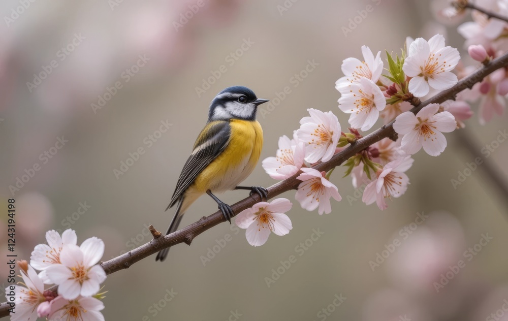 A tit bird perched on a branch with pink blossoms in the background A tit bird perched on a branch with pink blossoms in the background