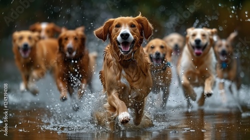 happy dogs running rain golden retriever leading pack motion blur energetic joyful scene