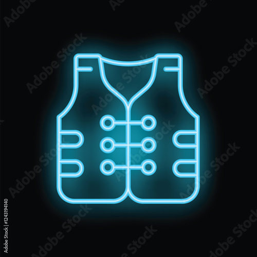 Blue neon icon of a life vest, emphasizing its importance for water safety