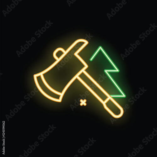 Glowing neon icon of an axe chopping wood, representing concepts like lumberjack work and deforestation