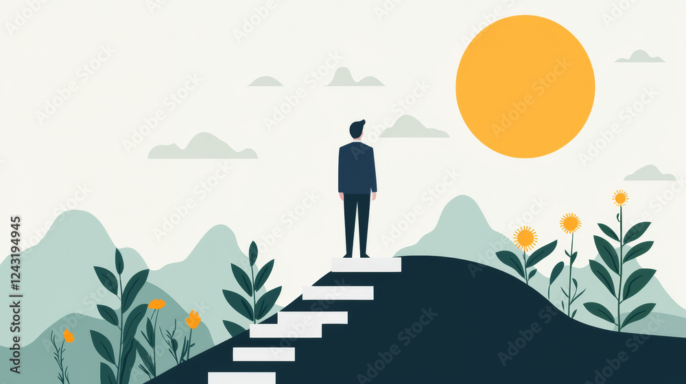 custom made wallpaper toronto digitalman stands on staircase leading to hilltop, gazing at sun, symbolizing progress and aspirations