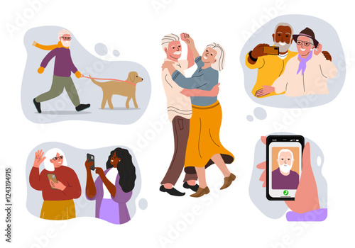 Bundle of cute funny active elderly couples. Collection of recreational and healthy sports activities for grandmother and grandfather. Vector illustration.